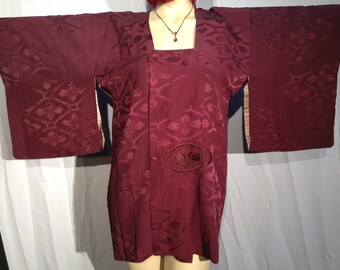 Vint PURE SILK HAORI Wine Burgundy Covered Buttons Snaps