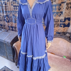 Vestido PRAIRIE original de los años 70, busto de 41&quot;, NUEVO, stock antiguo, de algodón, largo, con volantes, raro &quot;Nauvkraft&quot;, Alemania Occidental, bohemio, bohemio, comuna, tallas M a L