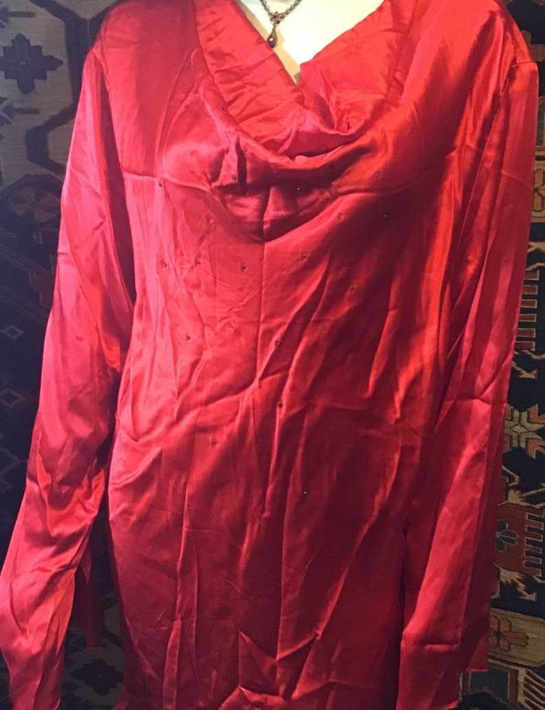 PURE SILK~Cowl NECK~Rhinestones~Red~Flared Sleeves~Tunic~Top~New~Bob Mackie~Studio~30W Plus Size