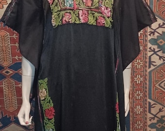 Antique PALESTINIAN SILK Sateen Minty EMBROIDERED Dress Thob 60's  Bedouin Dense Embroidered Bat Sleeves  Shimmery Tribal M+ Rare Spring