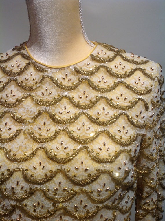 1960's~HAND~Beaded~CLUSTERS~Formal~BLOUSE~Golden~… - image 2