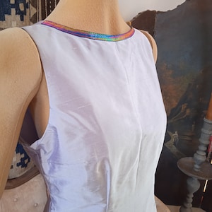 1990&#39;s Original NWT Silver PURE SILK Cocktail Party Dress Embroidered Bands Along Hems Designer &quot;Ice&quot; Fully Lined Elegant Iridescent Shiny 8