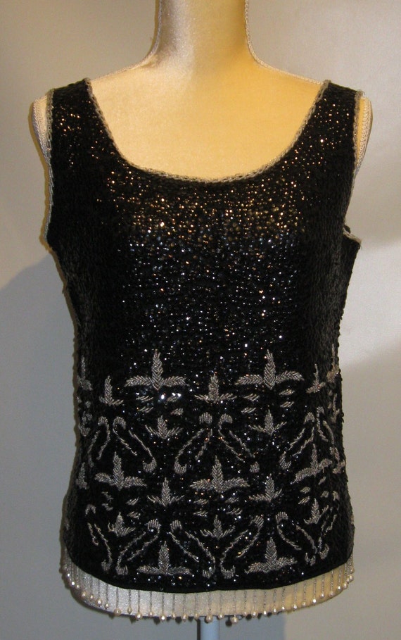 60s black beaded wool shell – made in hong kong