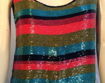 42" BUST IRIDESCENT FULLY Hand Beaded Bugle Beads On Pure Silk Striped Designer Top Cropped Blouse Cocktail New Year's Show Stopper GoGo M+