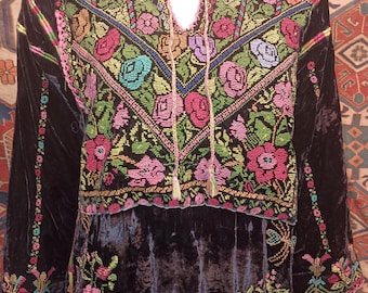 VINATGE PALESTINIAN VELVET Dress Lush Velvet Festive Spring Colorful Embroidery Dense Hand Embroidered Bedouin Rare 60's Jerusalem Med-lg