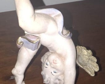 1983 CHERUB STATUE Standing On His Head ANGEL Signed "Fonfanini Italy" Cute Adorable Hand Painted Italian Alabaster Figurine Whimsical