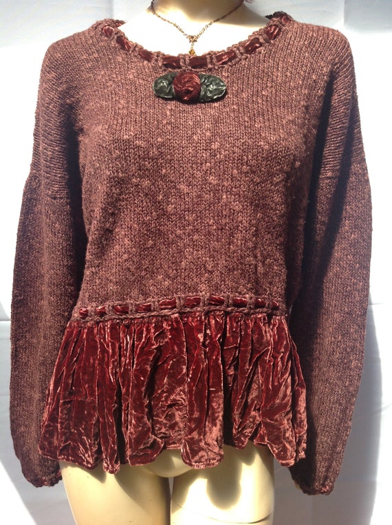 52" Bust Hot KNOTS~BURGUNDY HAND Knitted Sweater~… - image 1