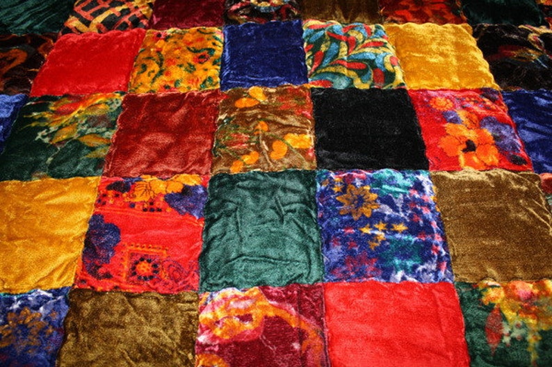 1970's Hippie Chic VELVET PATCHWORK Quilt Bedspread King Etsy