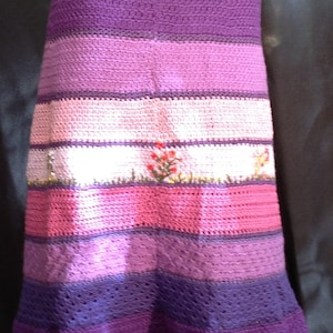 70's HIPPIE Lovely Original HAND KNITTED Embroidered Flowers CottageCore Purple Pink Lavender Wool & Cotton Knit Taffeta Lined Skirt Rare