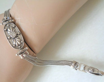 BYZANTINE~13.7 Grams~Vintage~MESH~STERLING Silver Bracelet~Medieval Steampunk~Cubic Zirconia~Gypsy~Delicate Foxtail~