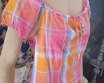 90's NWOT Cotton Liz CLAIBORNE Plaid Adorable Summer Dress Ruched Stretch NECKLINE & Sleeves Ribbon Party Cocktail Pink Orange Sage Hippie M