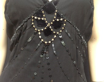 42" Bust NWT SILK FLAPPER Beaded Dress 1920's Size 14 L Cocktail Dress Hand Beads Peacock Sequins Art Deco Velvet Stevie Knicks Gatsby
