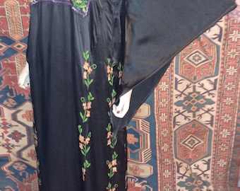 Antique PALESTINIAN SILK Sateen Minty EMBROIDERED Dress Thob 60's  Bedouin Dense Embroidered Bat Sleeves  Shimmery 44" bust Spring Colors