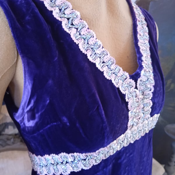 ORIGINAL~années 60~VIOLET~Velours~Robe~SEQUINS~Coupé main~Empire~Robe~Hippie~Commune~Rare~Maxi~Rose~Paillettes irisées~Argent~Couching~S