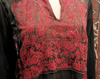 Antique PALESTINIAN SILK Sateen EMBROIDERED  Dress Thob Mid Century Bedouin Dense Embroidered Bat Sleeves Hand Made Hems Shimmery Small Rare