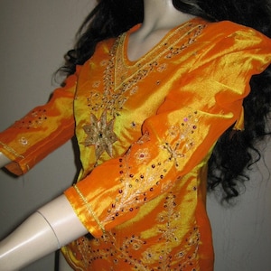 Tribal Belly Dance Rajasthan Saffron Banjara Indian Satin Choli Top Sequined Embroidered Bohemian Blouse