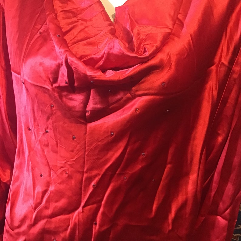 PURE SILK~Cowl NECK~Rhinestones~Red~Flared Sleeves~Tunic~Top~New~Bob Mackie~Studio~30W Plus Size