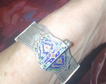 Vintage ARMENIAN Mesh ENAMEL Chain Link BRACELET Renaissance Fine Solid Sterling Silver Bohemian Chic Gypsy  Handmade Rare