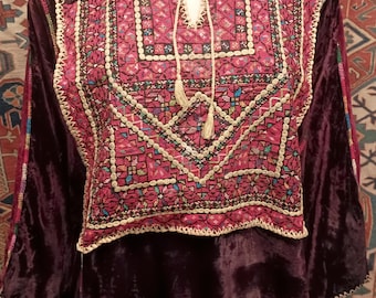 VINATGE PALESTINIAN VELVET Dress Lush Velvet Burgundy & Red Dense Hand Embroidered Embroidery Bedouin Rare 60's Jerusalem Med-lg
