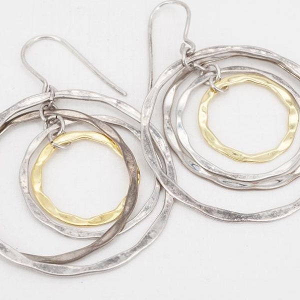 HAND Hammered~4 HOOPS~STERLING~And Brass~Earrings~Modernist Organic Two Tone Almost 2" long Modern~Rlm Studio Artist Signed Delicate Dainty