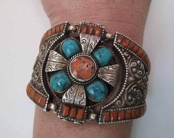 ANTIQUE Sterling TIBETAN Turquoise CORAL Bracelet Hinged