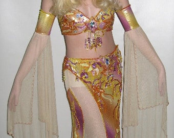 Sunset~Iridescent~Purple~Yellow~Professional~BELLY Dance COSTUME~FAIRY~Sunshine~Netted Flared Sleeves~Crystals~Hand Bedaed~5 Piece~Flapper