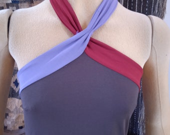 Roaring 90's Nwt BCBG Max AZARIA Slip SEXY Snazzy Stretchy Dress Brown Body With Burgundy & Lilac Straps Halter Neck Tight Body Hugger Xs