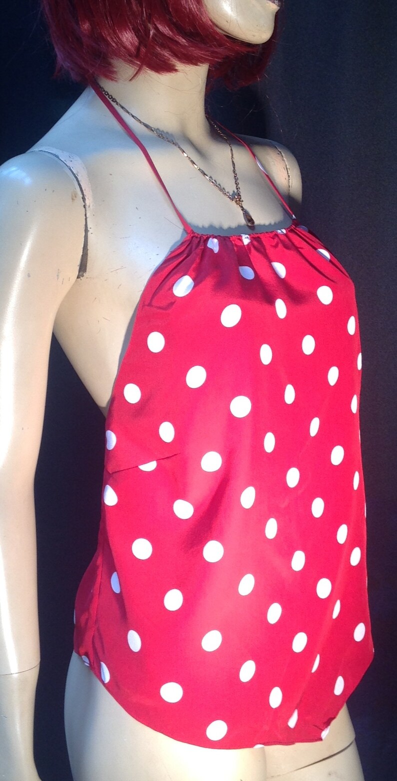 NWTPURESILKRed Polka Dots Shoulder Less Halter Tie Top14Lined StrapsTie Back CottageCoreCruise Travel Sesigner Island Wear Beach image 3