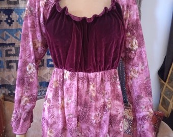 Roaring 90's Nwot BABYDOLL Burgundy VELVET RUFFLED Roses Print Stretchy Tunic Blouse Top CottageCore Prairie Romantic Stevie Knicks Plus 2X