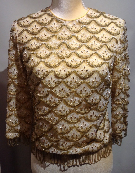 1960's~HAND~Beaded~CLUSTERS~Formal~BLOUSE~Golden~… - image 1