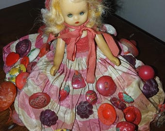 1930's ADORABLE Doll SWEEPING RED Dress Red Hood Blond Hair Moving Eyes Hand Studded With Antique Buttons Child Folk Art For Adorning Dress
