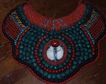 1970's TIBETAN REFUGEE Made NEPAL Large Bib Necklace With Turquoise Coral Carved Bone Bull Figurines Inscriptions Authentic Rare Tibet