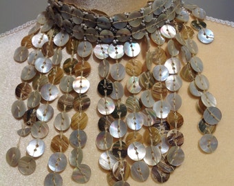 Handmade STUNNING Mother Of PEARL Hippie FRINGED Choker Necklace Tribal Belly Dance Bellydance Earth Tones Organic Woodstock Boho Bohemian