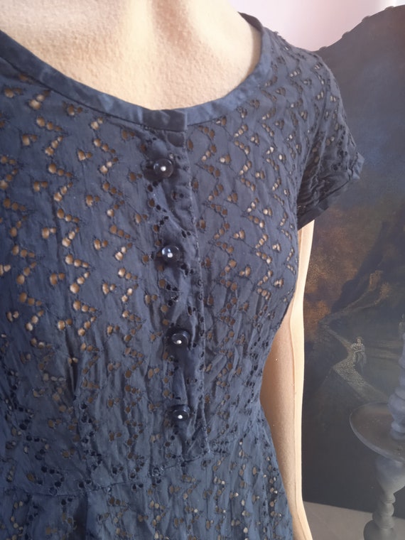 ORIGINAL 40's-50's~EYELET Lace~Black Dress With R… - image 1