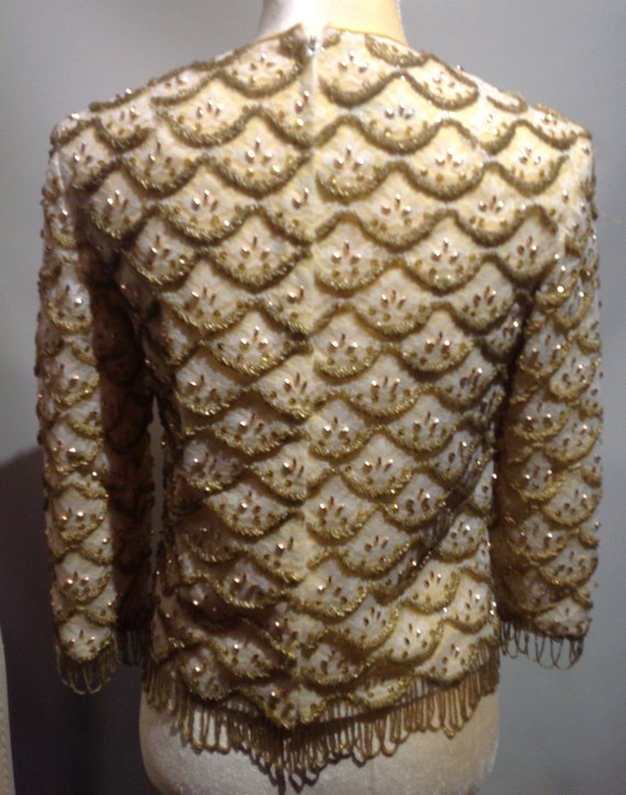 1960's~HAND~Beaded~CLUSTERS~Formal~BLOUSE~Golden~… - image 4