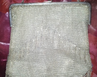 1920's FLAPPER MESH METAL Silver Purse Blue Cabochons Art Nouveau Deco Double Fringed Fringe