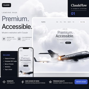 May include: A website landing page design with the text "Premium. Accessible." and the tagline "Modern websites with Claude." The design includes a jet plane graphic, a smartphone mockup, and a call to action button.