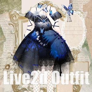 Puede incluir: Un vestido azul oscuro y negro con detalles de mariposas y el texto "Live 2d Outfit". El vestido presenta una falda en capas, ribete de encaje y mariposas decorativas. El diseño incorpora tonos de azul y negro.