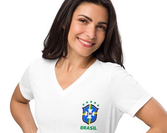 T-shirt à col en V pour maman de football du Brésil : style maillot de la Coupe du monde 2026