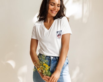 T-shirt rétro USA Soccer Mom à col en V : style maillot de la Coupe du monde 2026