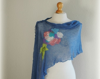 Blue Linen Poncho: Hand-Dyed Knitted Shawl with Felt Flower