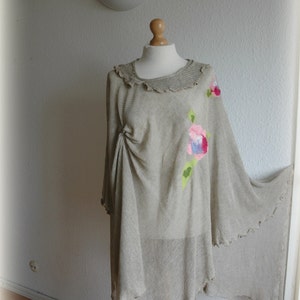 Grey Knitted Linen Poncho: Flower Felt Appliqués, Plus Size Cape