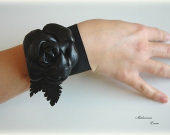 Gift Black Leather Rose Bracelet Cuff  Necklace Brooch Leather Flower Gifts Unique  Holiday Gifts,Valentines  gift