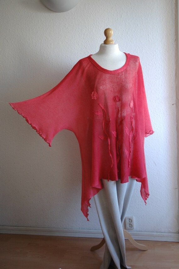 Pink Linen Tunic: Handmade Knitted Boho Kimono, Plus Size
