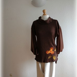Felted Turtleneck Sweater: Handmade Brown Knit with Chiffon Sleeves