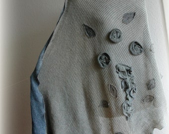 Grey Poncho  Blue Jeans /Hand-Dyed LINEN Knitted /Wrap Wrarm Sweater/Womens Poncho Flower Appliques Eco Friendly/ Natural Clothing Plus Size