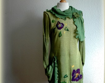 Kunstzinnige groene LINNEN trui tuniek, linnen gebreid, dames truien, handgemaakt, vilten, Boho trui, vezelkunst, dames trui, linnen kleding