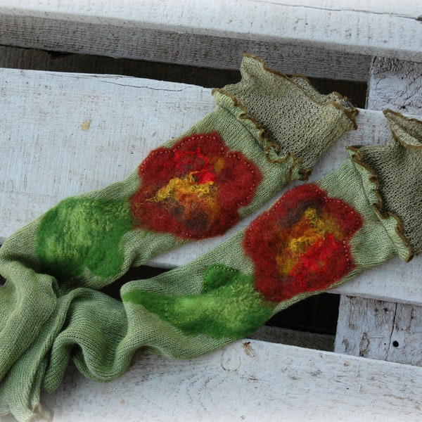 Green Fingerless Gloves Mittens Romantic Gloves LINEN Gloves Women Gift for Her,Hippie gifts ,Mother's day gift
