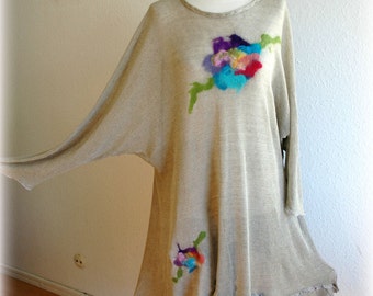 Vestido túnica de lino: tejido de punto, con flores de fieltro, tallas grandes.