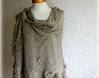 Linen Knitted Shawl: Grey Eco-Friendly Wrap with Rose Detail